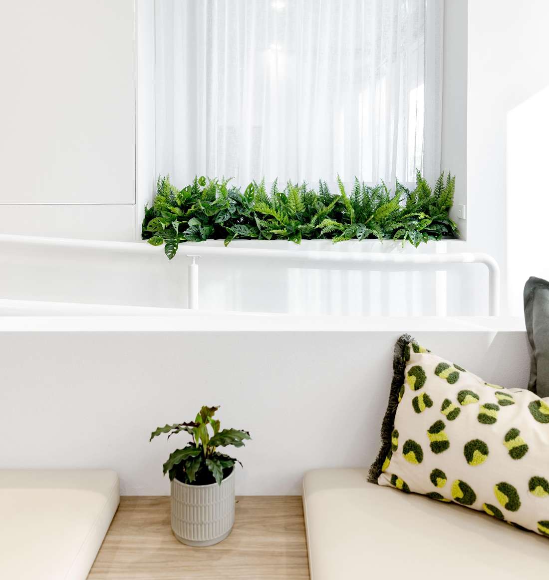 benches, plants, and a decorative pillow in the reception area at SmilesHQ